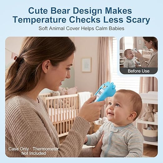 Bear Silicone Case Compatible with GoodBaby Thermometer for Adults and Kids, Cute Cartoon Thermometer Protective Case, Help Restless Baby Temperature, for Travel, Home and Outdoor (Blue)