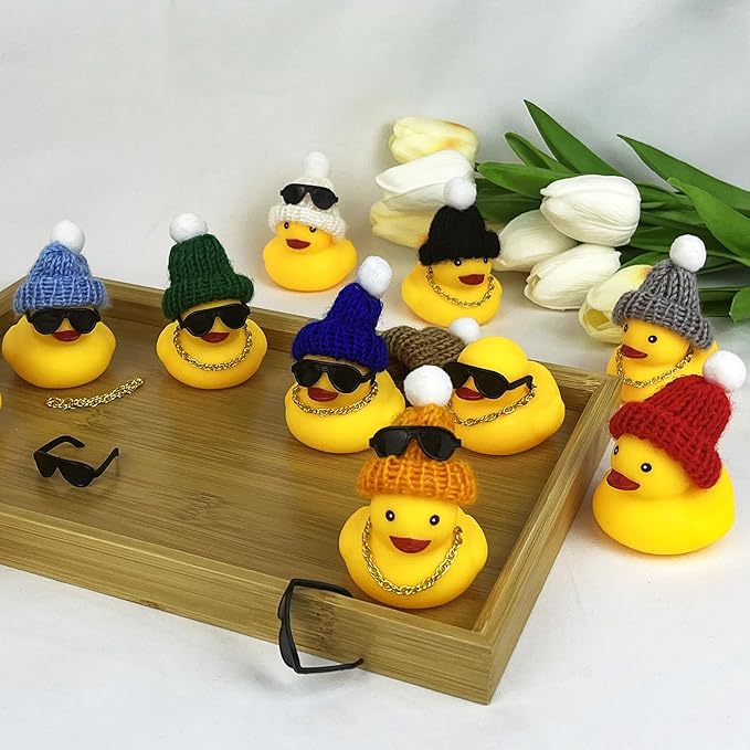 HAVAGDTM 12 Set Mini Ducks with Mini Hats Necklace and Sunglasses Bath Duck Toy for Baby Shower Birthday Swimming Party Gift Favor Decorations