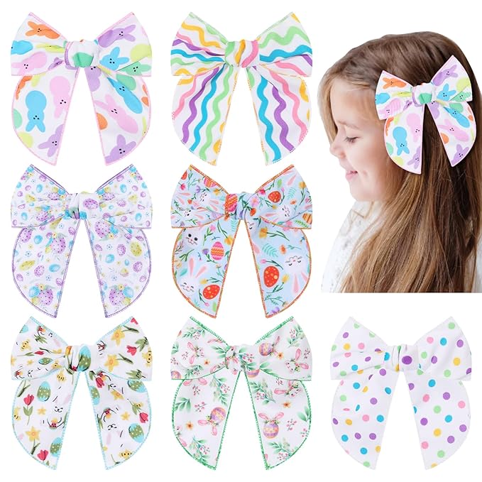 7 PCS Easter Hair Bows for Girls, 4.5 Inch Colorful Toddler Bows Clips With Bunny Rabbit Chick Easter Egg Pattern Hair Accessories for Kids Party Decorations