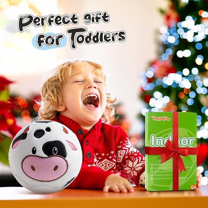 VangeBow Silent Indoor Soccer Balls for Toddlers 1-3, Inflatable Soft Plush Baby Toddler Soccer Ball Toys Gifts for Kid 3-5 Year Old Boy Girl First Birthday Gift (Cow, Pump Include)