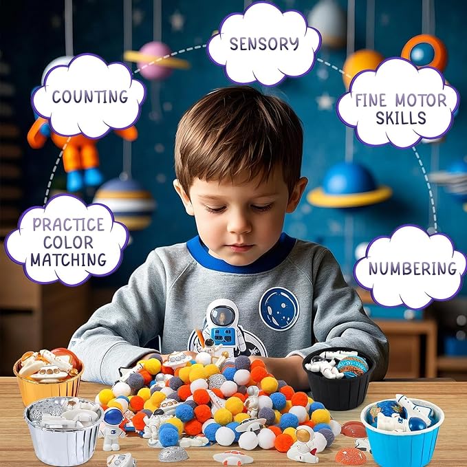135 Pcs Space Sensory Bin Filler Astronaut Spaceship Counting Sorting Sensory Bin Items Fine Motor Galaxy Counts for Easter Day Spring Summer Sorting Counting Decor