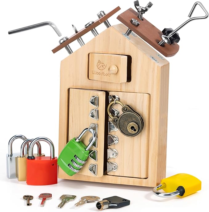 Woodtoe Montessori Screwdriver Board with Lock and Key Toy, Wooden Montessori Toys for Kids 3 4 5 Year Old, Toddler Fine Motor Skills STEM Toy, Preschool Sensory Learning Birthday Gifts for Boys Girls