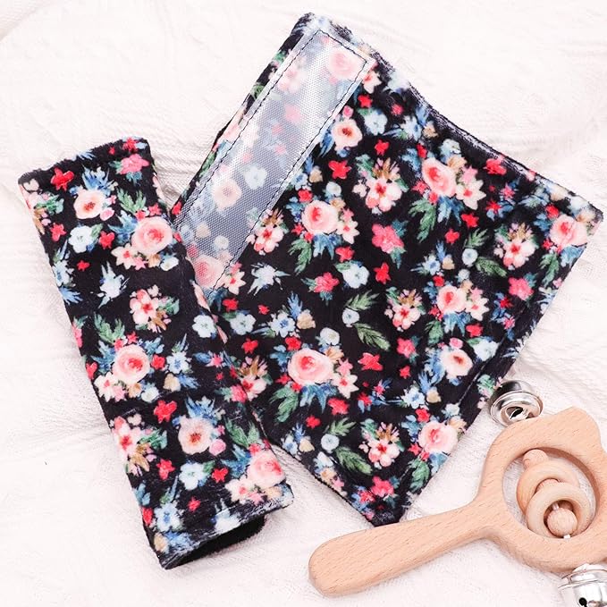 Baby Car Seat Belt Covers for Boys and Girls, Car Seat Straps Shoulder Pads, Soft Car Seat Neck Cover, Mink Seat Belt Protectors for Car Seats, Floral Stroller Strap Cover for Baby Kids