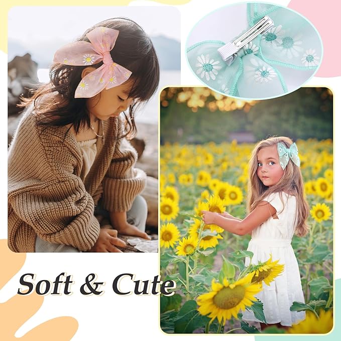 7 PCS Tulle Hair Bows for Girls, Large Daisy Hair Barrettes, Handmade Cute Wedding Hair Accessories for Baby Girls Infants Toddler Teens Women Birthday Party