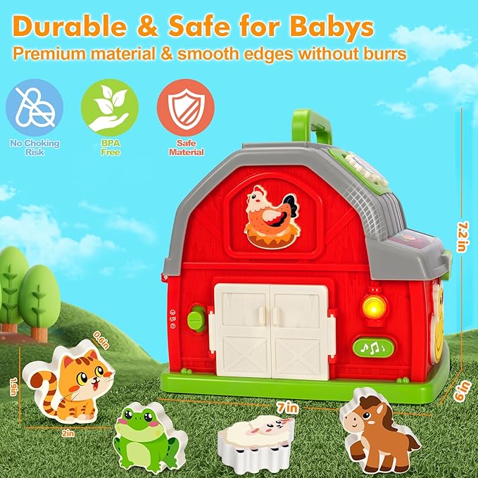 Ellinjan Montessori Learning Toys for 1 2 3 Year Old Boys Girls, Musical Farm Animals for Toddlers 1-3, Interactive Barn Toy with Light & Sound, Birthday Gifts for Baby Kid Toddler Age 12-18 Months