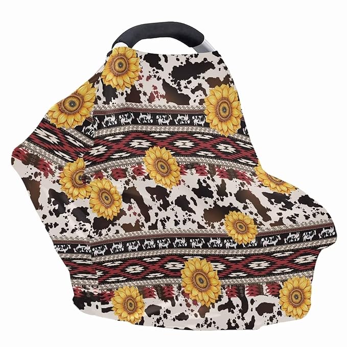 Binienty Sunflower Geometric Stretchy Car Seat Cover Canopies for Babies, Brown Cow Print Multi Use Shopping Cart/High Chair/Breastfeeding Cover