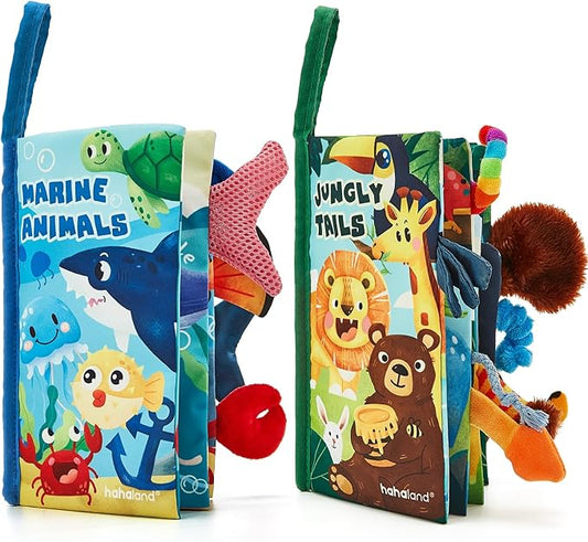 hahaland Baby Toys 0-6 Months - Crinkle Books for Babies 2-Pack, Soft Cloth Sensory Touch Feel Baby Book 6-12 Months Infant Montessori Toys 0-3 Month Newborn Baby Boys Gifts 3-6 Months Travel Toys