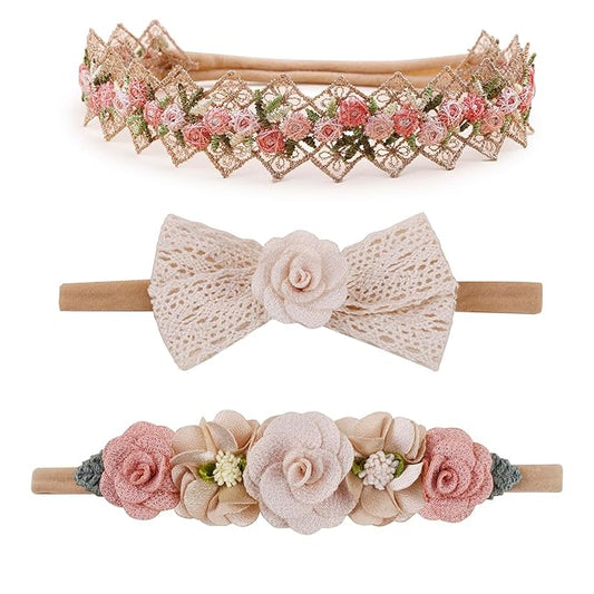 cherrboll 3pcs Baby Girl Headbands Flowers, Super Soft & Stretchy Nylon Floral Hairbands for Newborn Toddler