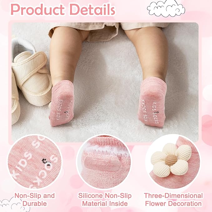 4 Pack Baby Girl Flower Headbands and Socks, Cute Floral Non-Slip Grippy Socks Soft Hairbands Hair Accessories for Newborn Infant Toddler
