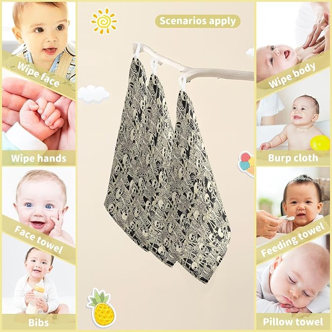 Fun Skull Baby Washcloths Newborn Muslin Burp Cloths 3 Pack Soft Cotton Baby Face Bath Towel Drool Bibs for Infants, Girls and Boys 11.8 x 11.8 Inch