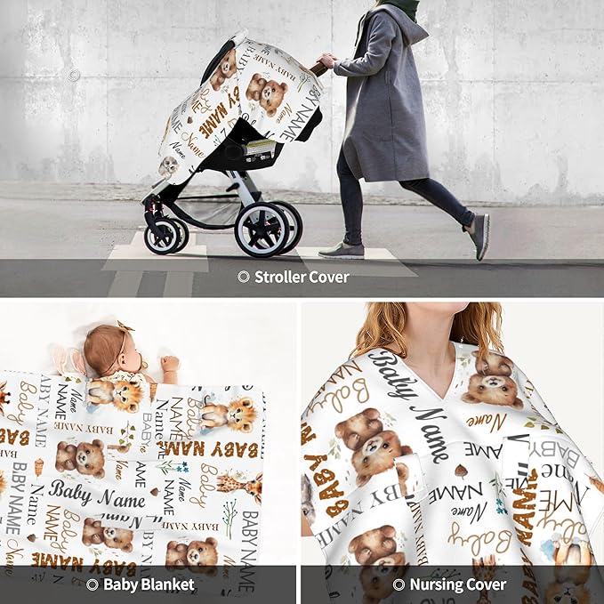 Personalized Baby Car Seat Cover Winter Custom Minky Carseat Cover Boy Girls with Name Woodland Carseat Canopy Customized Car Seat Canopy Infant Carrier Covers Nursing Cover Toddler Blanket