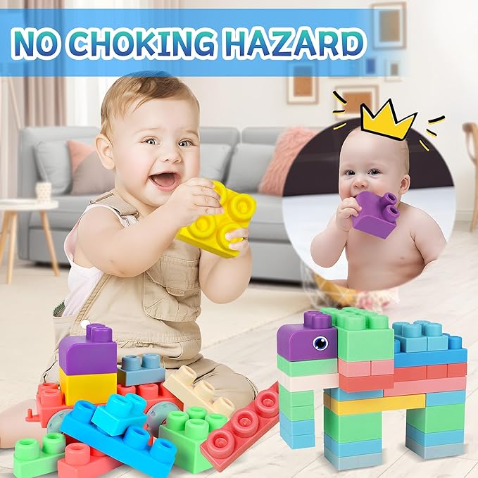 80PCS Baby Building Blocks Set with Storage Bucket, Blocks for Babies 6 Months and Up STEM Educational Toddler Gifts, Rubber Soft Blocks Big Building Blocks Sensory Stacking Toys
