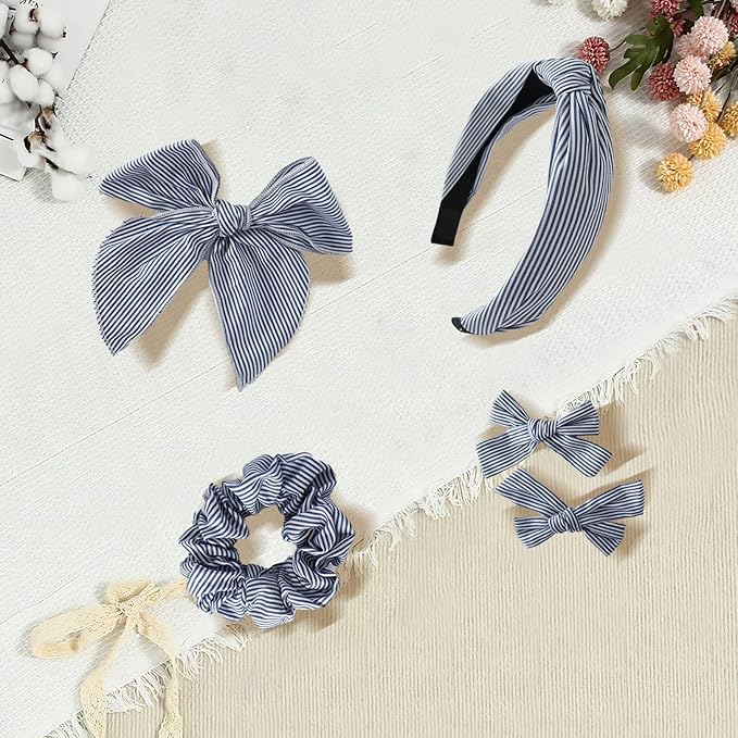 5 Pcs Striped Hair Bows School Uniform Knotted Striped Headband Scrunchies Hair Bow Set Alligator Clips for Toddler Girls Accessories for Little School Girls (Navy Blue)