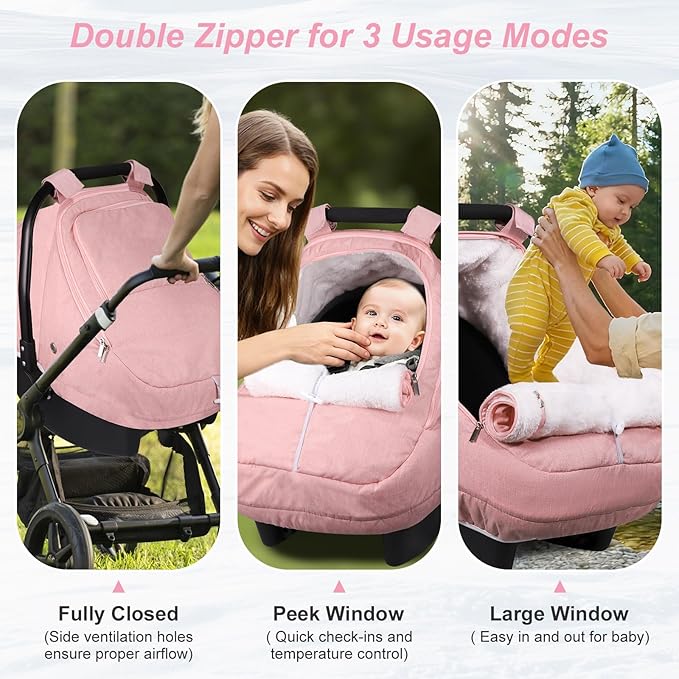 Winter Car Seat Cover for Baby Girl, Waterproof Infant Carseat Cover with Warm Plush Lining & Dual Zippers, Universal Carseat Cover Baby Winter Protector with Ventilation and Windproof Design (Pink)
