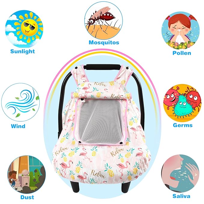 SMTTW Baby Car Seat Cover - Universal Fit, Snug, Breathable, Canopy for Boys/Girls, Ideal for All Seasons (Flamingo)