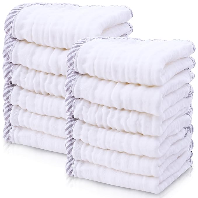 Cute Castle 12 Pack Muslin Baby Washcloths - Large 12'' by 12'' - Ultra Soft 100% Cotton - Super Absorbent Burp Cloths for Unisex, Boy, Girl -Stripe