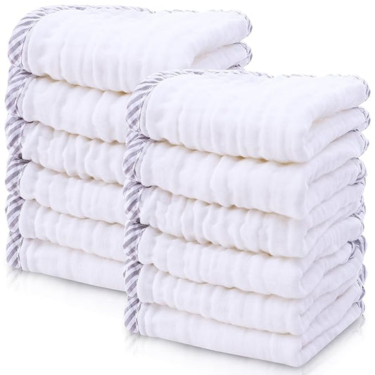 Cute Castle 12 Pack Muslin Baby Washcloths - Large 12'' by 12'' - Ultra Soft 100% Cotton - Super Absorbent Burp Cloths for Unisex, Boy, Girl -Stripe