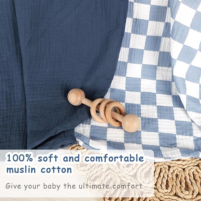Hooyax Muslin Baby Lounger Cover 2 Pack - 100% Breathable Cotton Soft Infant Lounger Covers, Fits Most Standard Newborn Loungers & Pillows (Blue Checker + Navy)