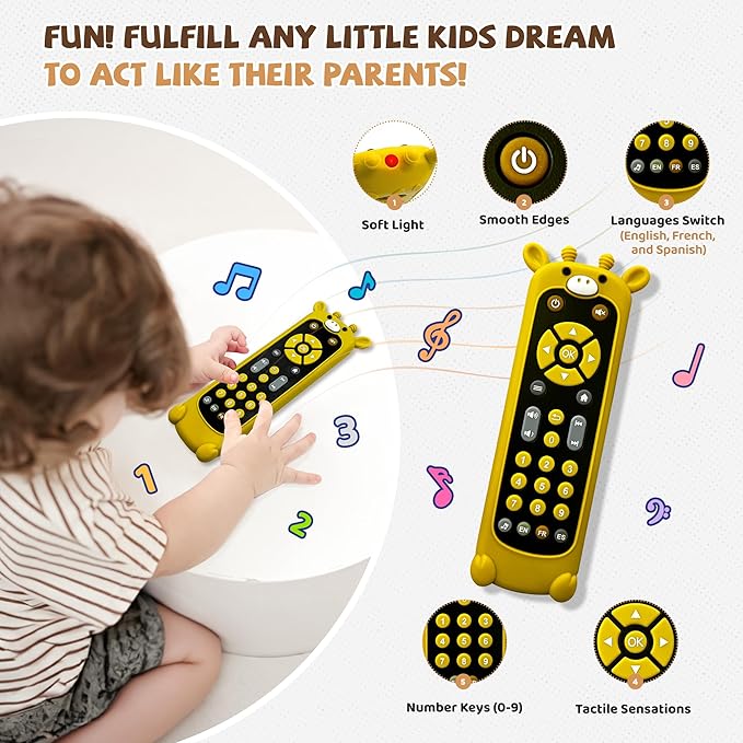KIRALUMI Baby Remote Control Toy with Giraffes Silicone Cover - Educational Musical Baby Toddler Toys with Realistic Play, Lights, and Sounds - 6, 9, 12, 18 Month Boys Girls Toys Gift
