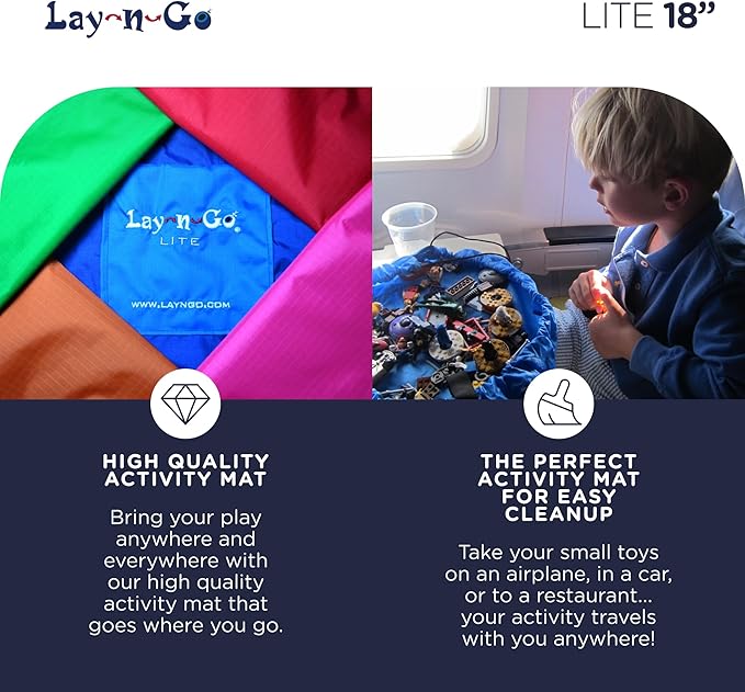 Lay-n-Go Layflat Portable Drawstring Cinch Storage Toy & Mini Figures Organizer & Play Mat, Mesh Pockets, Home & Travel, Kids & Toddlers Playdates, 2 Straps for Backpack, Durable, Machine Washable