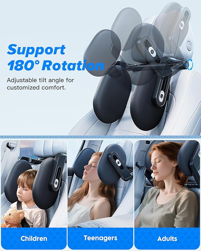 RunSnail Car Headrest Pillow, 2025 Upgrade 360° Rotating Travel Headrest, 3-Point Linkage Adjustable, Thickened Breathable Memory Foam Headrest, Travel Car Sleeping Pillow for Kids, Adults