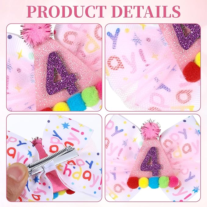 2Pcs Birthday Hair Bow for Baby Girls 1 2 3 4 5 6 Years, Pink Confetti Ice Cream Party Decorations, Sparkling Bows Hair Accessories for 4th Birthday