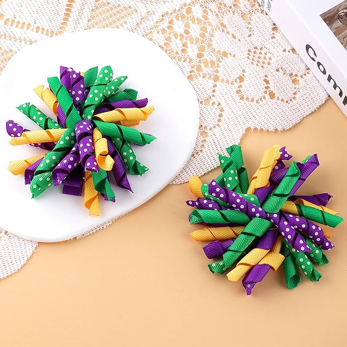 Mardi Gras Korker Hair Bows 3'' Girls Curly Corker Bow Alligator Clips Purple Yellow Green Grosgrain Ribbon Fireworks Flowerball Accessories Kids Favor Gift