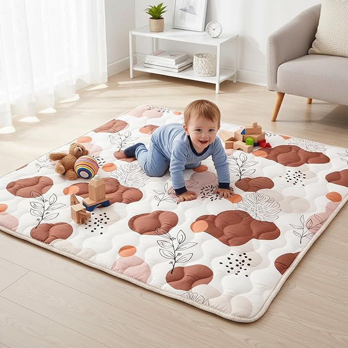 Bunnikins & Clover Baby Play Mats for Floor, 71"x59" Thicken Soft Play Mat for Babies 6-12 Months, Foldable and Non Slip One-Piece Crawling Mat, Washable Foam Playmat for Baby, Tummy Time