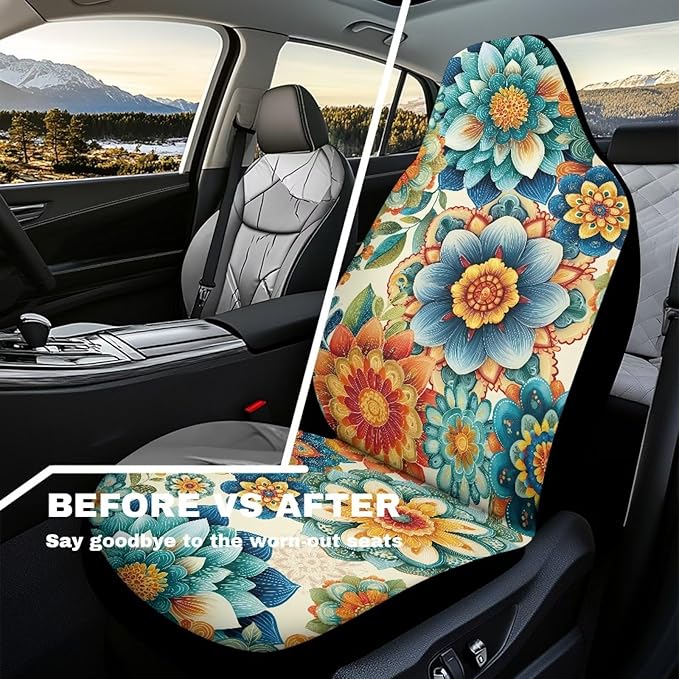 Hippie Flower Car Seat Covers 2 Pcs, Waterproof Universal Front Seat Protector, Easy to Install Automobile Interior Decorate Accessories Universal Fit for Car SUV Trucks