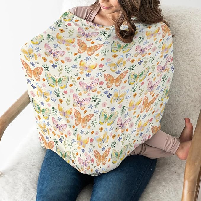 Watercolor Butterflies Spring Floral Baby Car Seat Covers Pastel Flowers Leaves Stretchy 5-in-1 Cover Adjustable Infant Carseat Canopy Cover Easter Garden Breathable Nursing Cover-Up Yellow