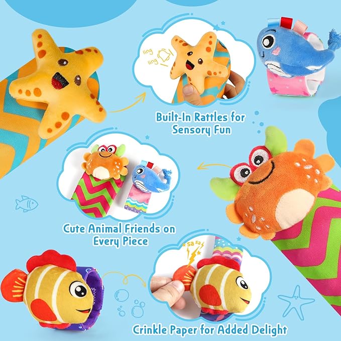 URMYWO Wrist Rattles for Baby - Rattle Socks - Foot Finder Set - Baby Toys for 0-12 Months Infant - Newborn Essentials - Early Learning Sensery Toys for Boy Girl as Shower Gifts Easter Basket Stuffer