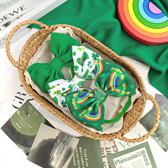 YanJie St Patricks Bows Headbands Shamrock Headbands Green Clover Newborn St. Patrick Top Hat Hair Bows Hair Accessories Gift