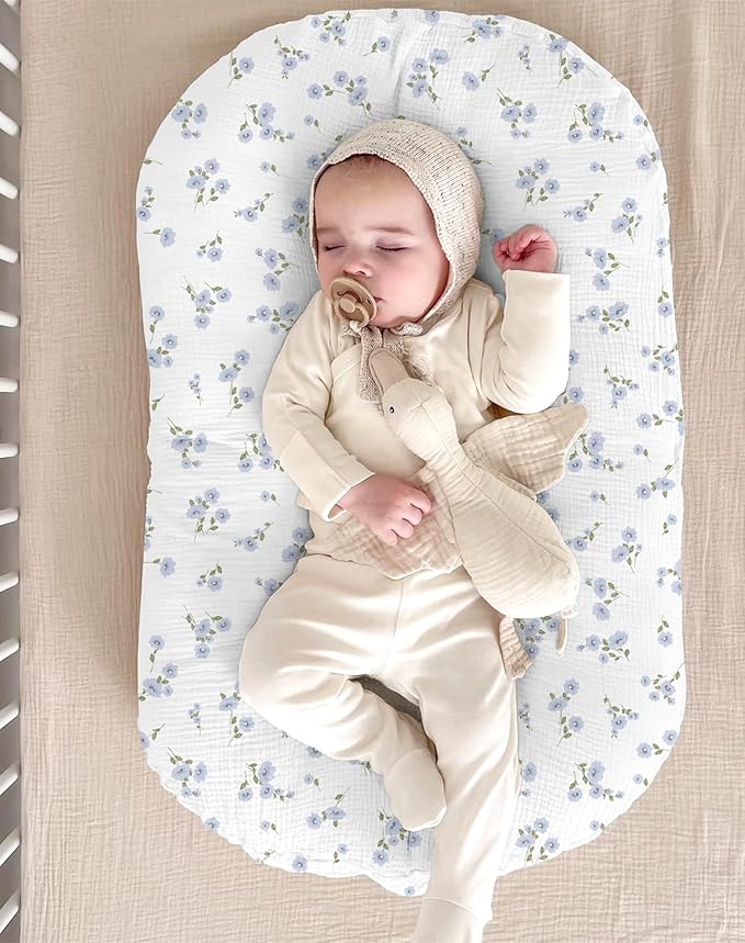 Muslin Baby Lounger Cover 2 Pack, Soft Breathable Newborn Lounger Pillow Cover for Boys Girls Infant (Flower I & Light Blue)