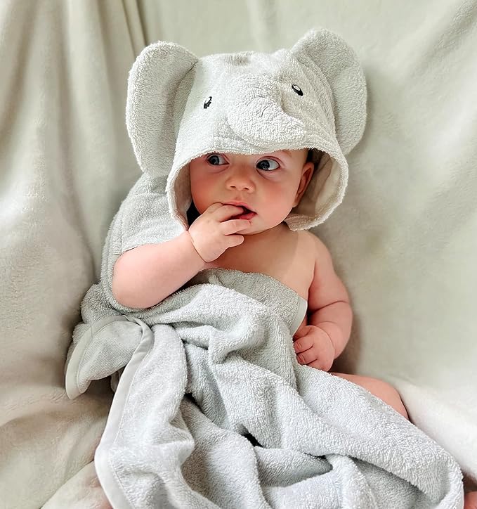 Baby Animal Hooded Towel and Washcloth Set for Newborns, Infants, Toddlers Boys and Girls 3-24 Months (Elegant Grey Elephant)