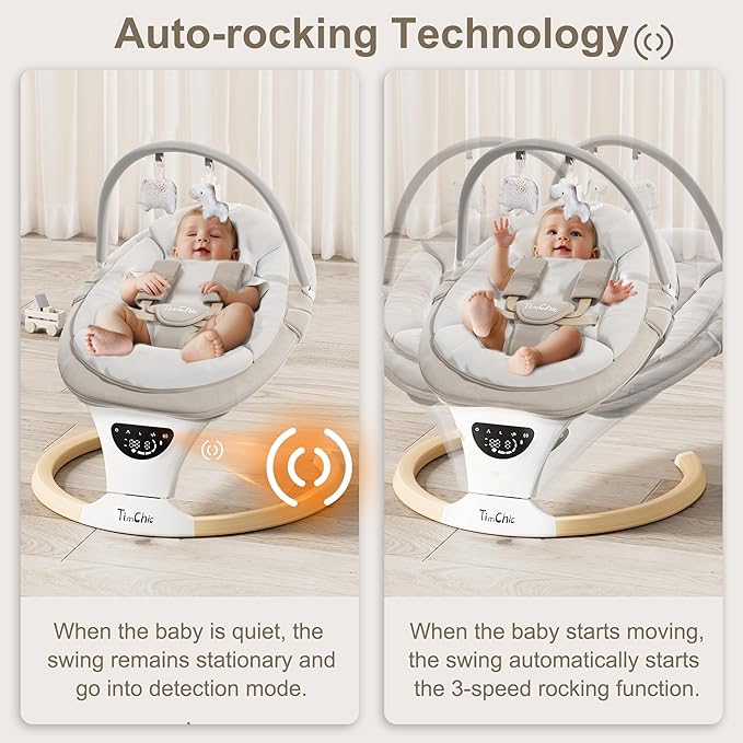 Baby Swings for Infants, Portable Infant Swing with 5-Speeds, 3-Adjustable Height, 3 Timer & 12 Lullabies, Mutil-Function Electric Swing for Baby, Indoor & Outdoor Use (Beige)