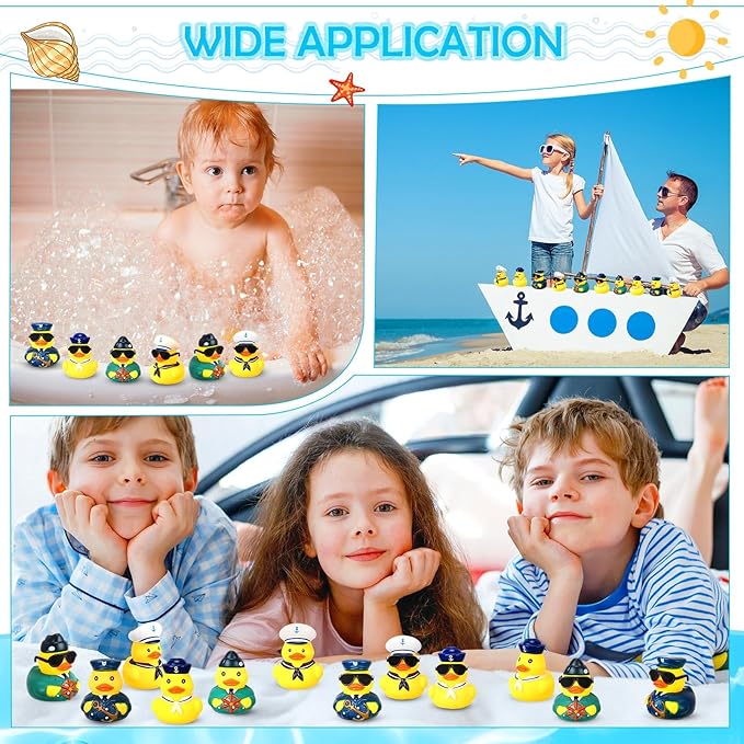 36 Pcs Cruise Sailor Rubber Ducks with Sunglasses 2.4 Inch mini Cruise Ship Nautical Ducks for Hiding Military Uniform Armed Forces Squeaky Bath Toy for Summer Birthday Baby Shower Party