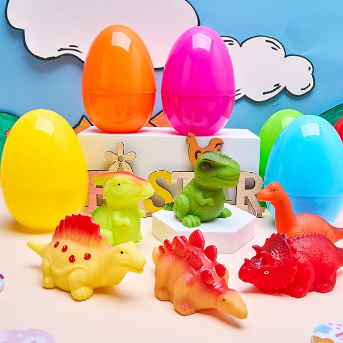 JOYIN 6 Pcs Prefilled Easter Eggs with Floating Dinosaur Light-up Bath Toys, Luminous Bathtub Toys for Kids Easter Eggs Hunt, Toddler Party Favor, Basket Stuffers Filler（Age 3+）