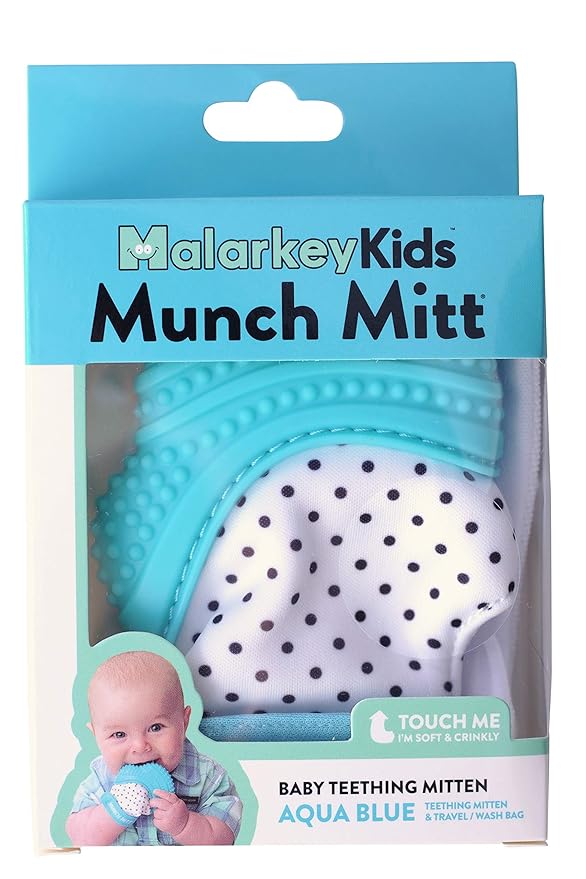 Malarkey Kids Patented Teething Mitten, Munch Mitt Baby Chew Toy - Protects Hands from Chewing & Saliva, Heals Aching Gums, Promotes Sound & Visual Stimulation for Babies - Aqua Polka Dot