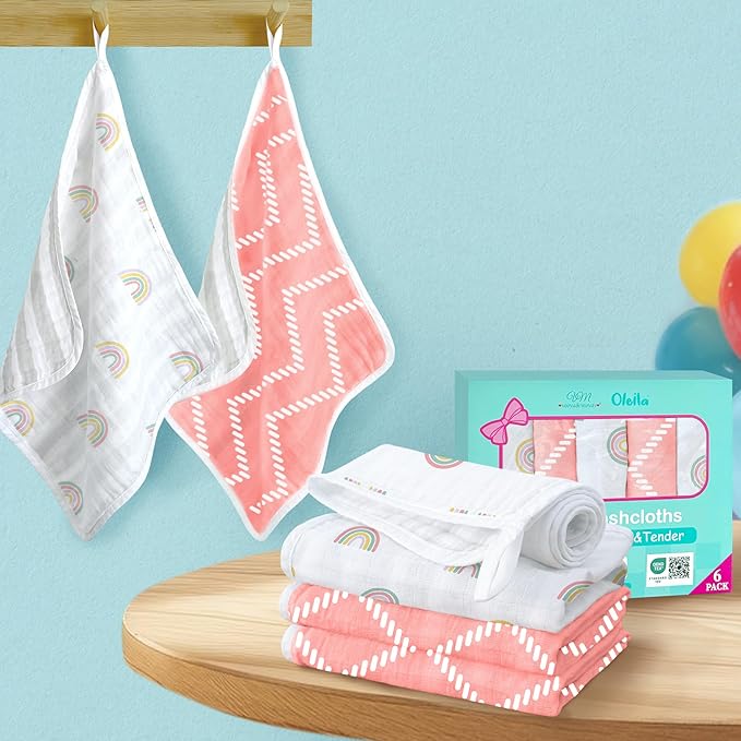 VOOVA & MOVAS 6 Pack 100% Muslin Cotton Baby Washcloths with Handing Loop | 13x13 Inches | Highly Absorbent | Ultra-Soft Newborn Burp Cloths | Perfect Set |Pink Geometry & Rainbow Patten