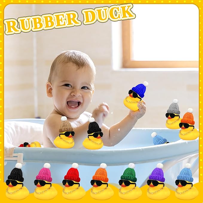 HAVAGDTM 12 Set Mini Ducks with Mini Hats Necklace and Sunglasses Bath Duck Toy for Baby Shower Birthday Swimming Party Gift Favor Decorations