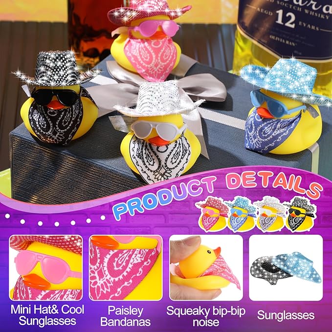 Hanaive 24 Sets Cowboy Rubber Duck Light up Mini Holographic Space Disco Hat Scarf Sunglasses Graduation Light up Bath Toys Bathtub Accessories Baby Shower Birthday Supplies(Bling Style)
