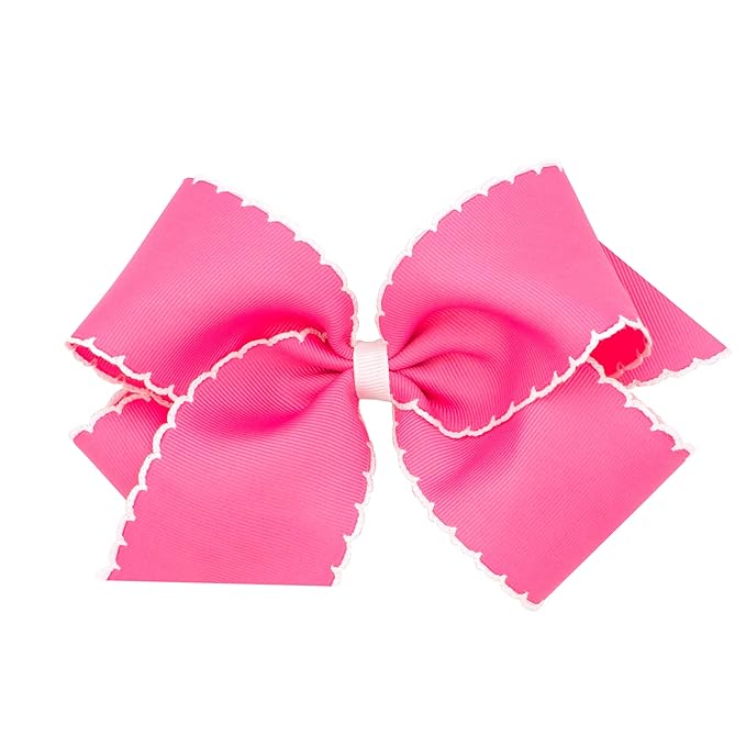 Wee Ones Girls' Classic Grosgrain Moonstitch Edge Hair Bow, No-Slip Hair Clip, Handmade, Hot Pink with White, King