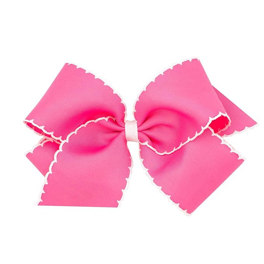 Wee Ones Girls' Classic Grosgrain Moonstitch Edge Hair Bow, No-Slip Hair Clip, Handmade, Hot Pink with White, King