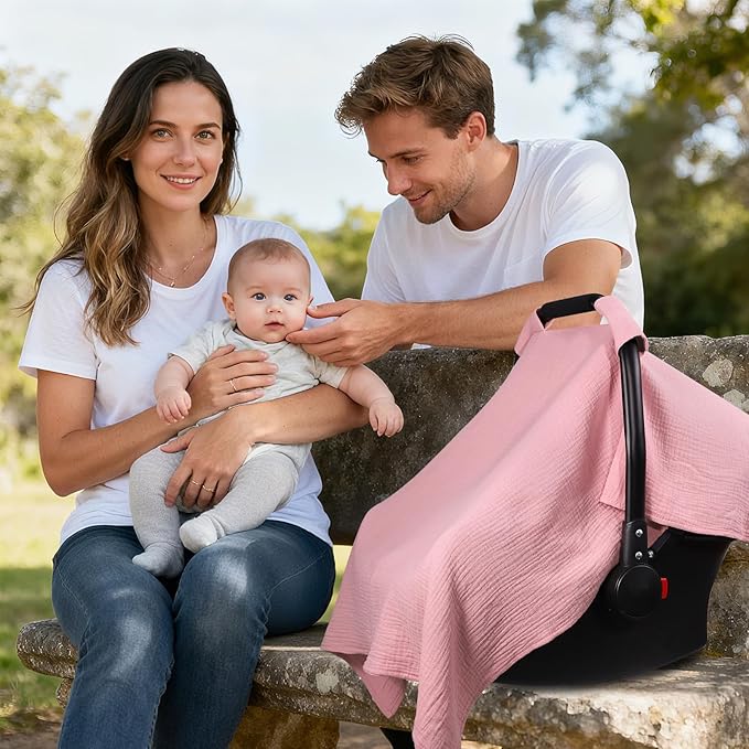Carseat Covers Baby Girl, Soft Muslin Cotton Baby Car Seat Cover, Lightweight Breathable Infant Carseat Cover for Sunshade & Privacy, Car Seat Covers for Babies (Blush Pink)