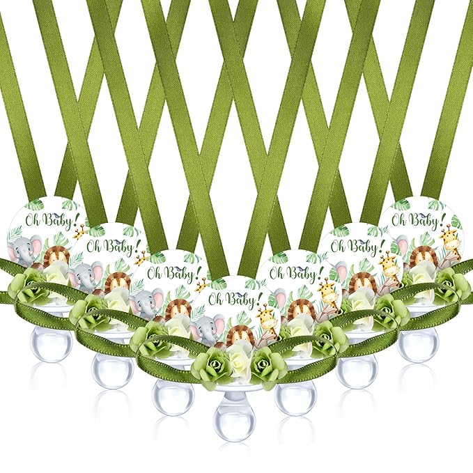 Quelay 36 Pcs Baby Shower Pacifier Necklace Cute Jungle Animal Acrylic Baby Pacifiers with Delicate Flowers for Baby Shower Decoration Table Distribution Party Favors