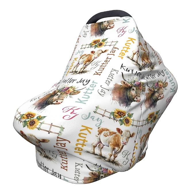 Personalized Cow Baby Car Seat Cover with Name,Multi-Use Canopy for Nursing, Strollers,Shopping Carts,Customized Breastfeeding Cover, Full Privacy,Infant Stroller Cover