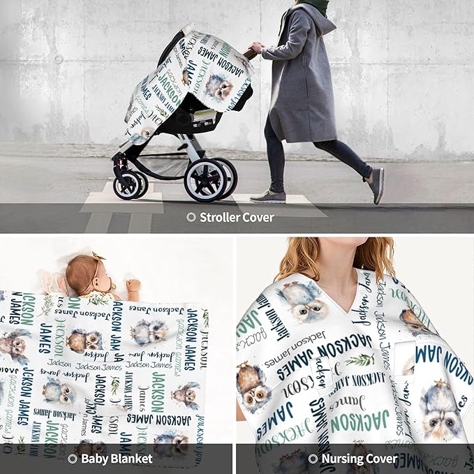 Personalized Baby Car Seat Cover Winter Custom Minky Carseat Cover Boy Girls with Name Owl Carseat Canopy Customized Car Seat Canopy Infant Carrier Covers Nursing Cover Toddler Blanket