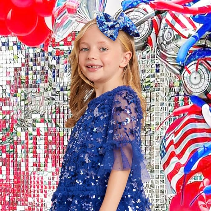 4th of July Hair Bows Clips Blue Glitter Girls Hair Accessories Little Baby Alligator Clips Hair Barrettes for Kids Sparkly Cheer Hair Ribbon Teens Gift Bling USA Flag Hairpin