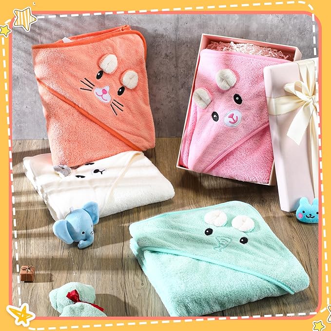Preboun 4 Pcs Baby Bath Towel 31.5 x 31.5 Inch Coral Fleece Baby Hooded Towel Absorbent Soft Babys Towels for Newborn Cartoon Animal Hooded Bath Blanket for Kids Newborn Shower(Classic Color,Style A)