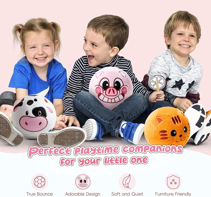 VangeBow Silent Indoor Soccer Balls for Toddlers 1-3, Inflatable Soft Plush Baby Toddler Soccer Ball Toys Gifts for 1 2 3 4 5 Year Old Boy Girl First Birthday Gift (Pink Piggy, Pump Include)